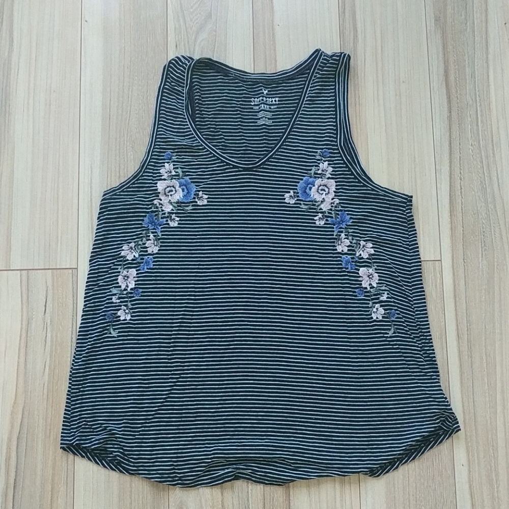 Floral embroidered striped tank